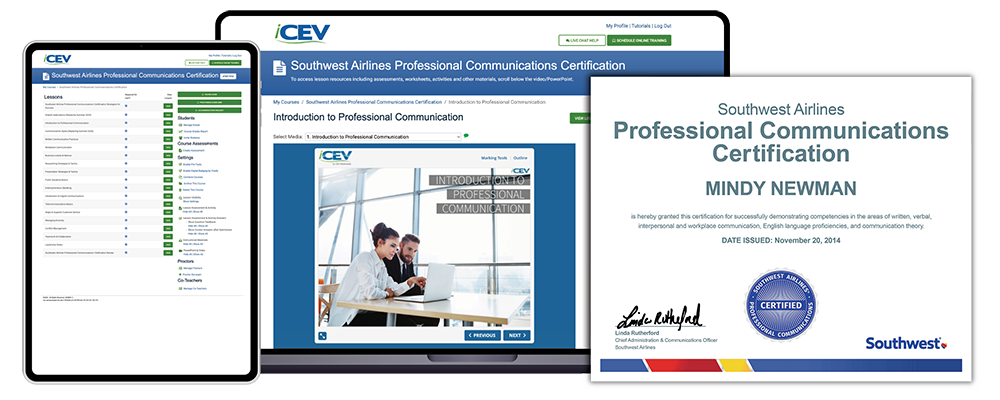 An image with three items. From left to right, a tablet in portrait mode, another tablet in landscape mode and a Southwest Airlines Professional Communications Certification. The tablets are displaying the iCEV platform 