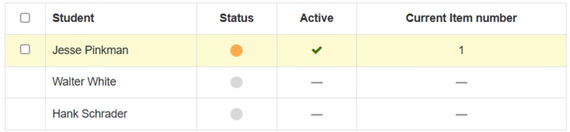 Live progress showing a green check mark indicating the student is active in the exam window