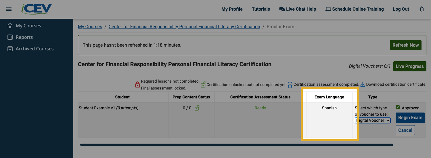 Proctor screen showing the Exam Language column with Spanish option